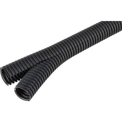 Zwei flexible schwarze Wellrohre, die sich überkreuzen. Sie dienen typischerweise als Schutz für Kabel oder Drähte.