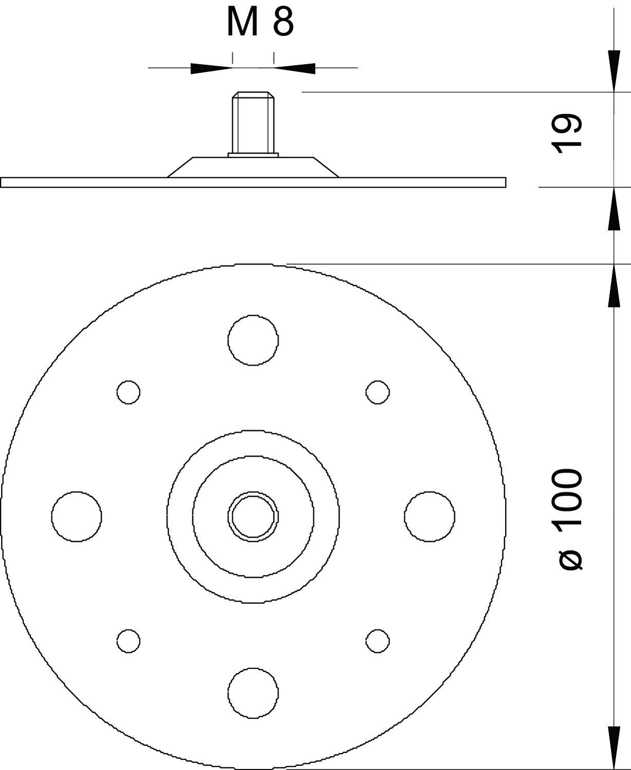 Technische Zeichnung einer runden Scheibe mit fünf Löchern. Beschriftet mit 'M 8', Höhe 19 mm und Durchmesser 100 mm.