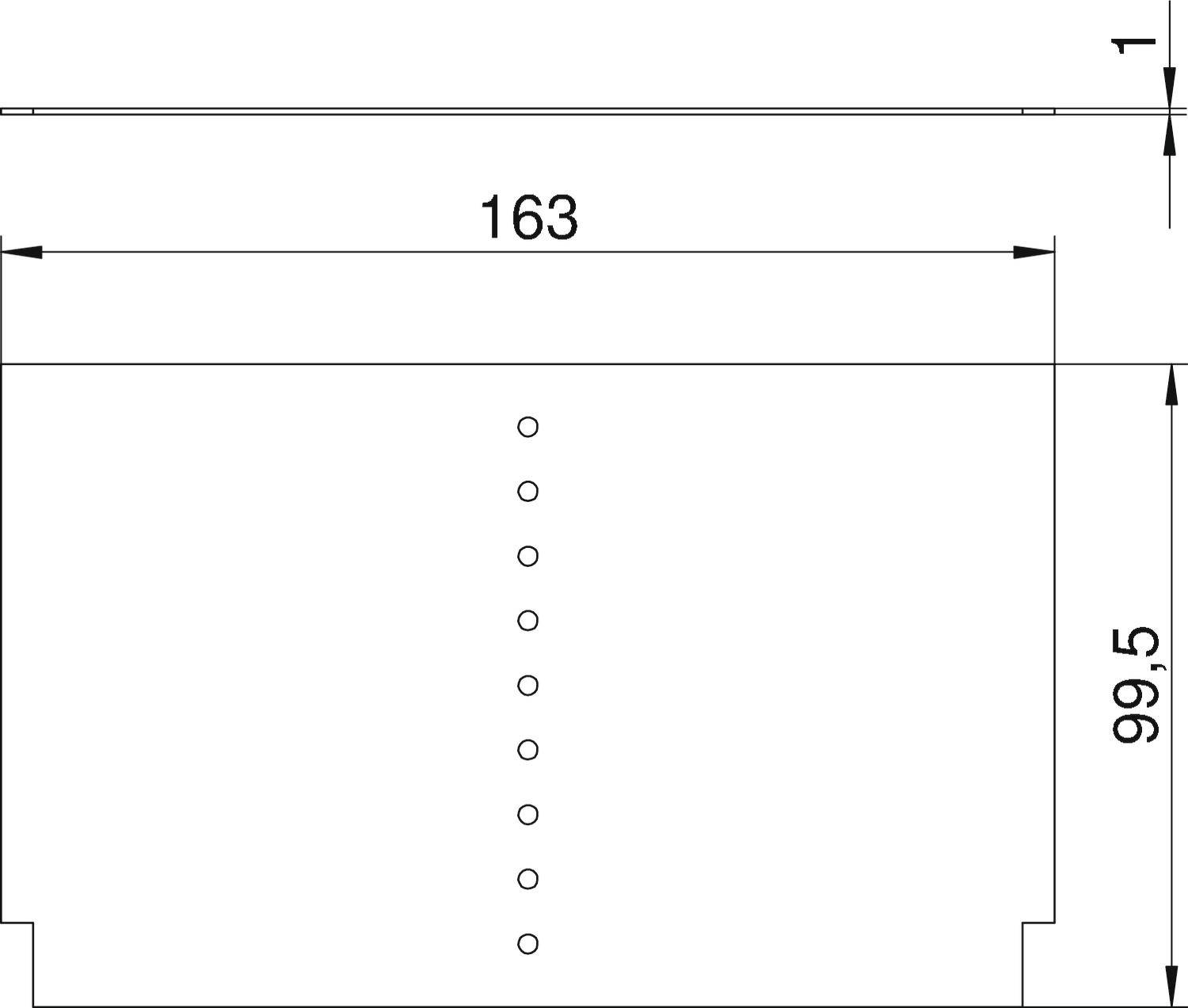 Technische Zeichnung eines rechteckigen Objekts mit Abmessungen. Breite: 163 mm, Höhe: 99,5 mm. Enthält mittige Punktierungslinie.