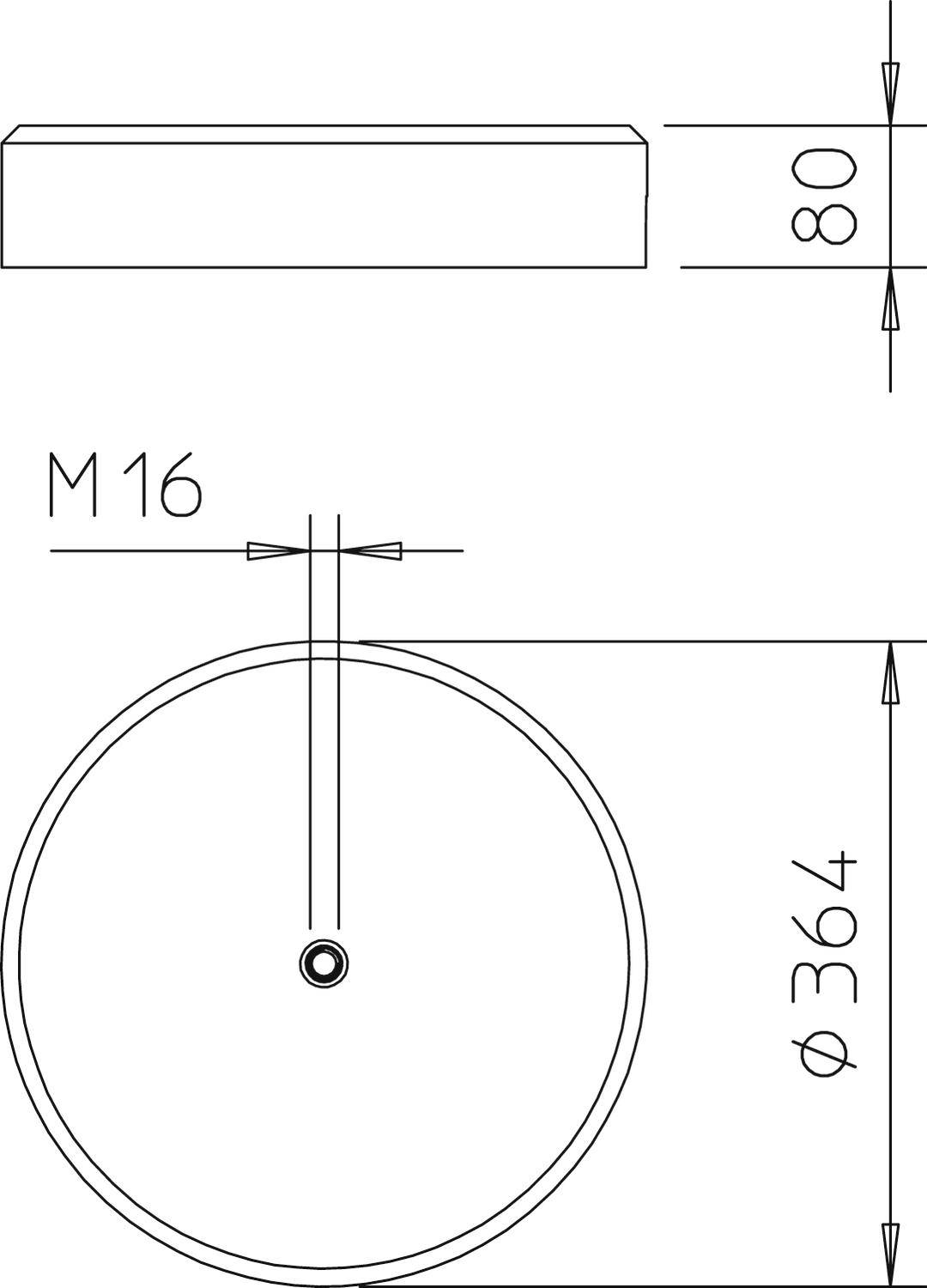 Technische Zeichnung eines runden Objekts. Die Ansicht zeigt: Durchmesser 364 mm, Höhe 80 mm, Bohrung M16.