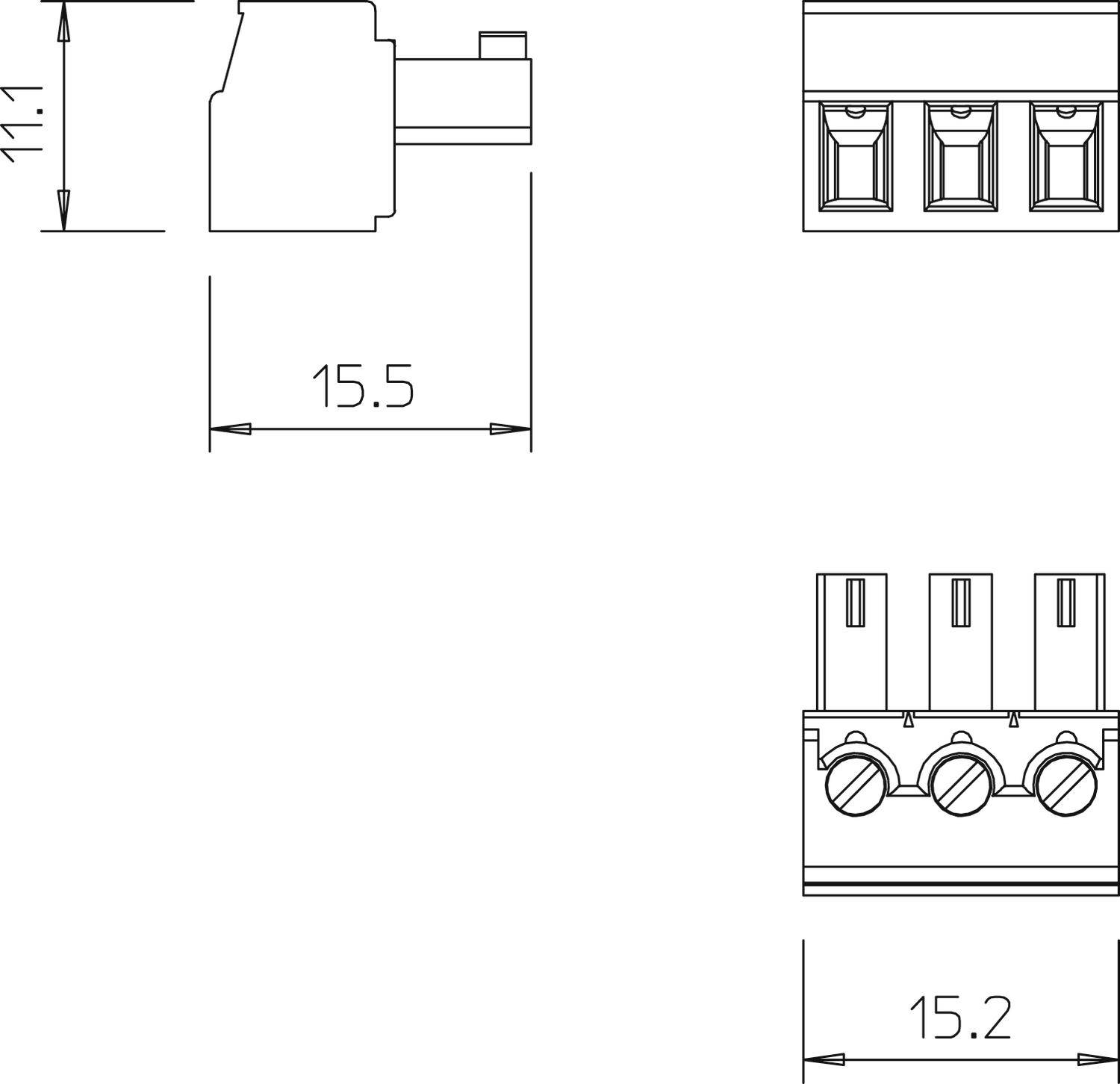 Technische Zeichnung eines Steckverbinders mit Maßen. Links: Seitenansicht, 11,1 mm hoch, 15,5 mm lang. Rechts: Vorderansicht mit drei vertikalen Slots, 15,2 mm breit.