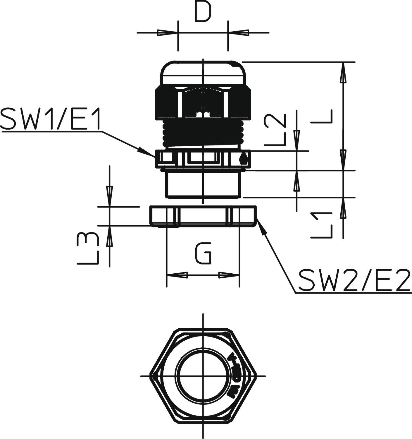 Technische Zeichnung eines Kabelverschraubungsmaßes mit markierten Abmessungen: Durchmesser (D), Länge (L, L1, L2), Gewindegröße (G), Schlüsselweite (SW1/2) und Einbautiefen (E1/2).