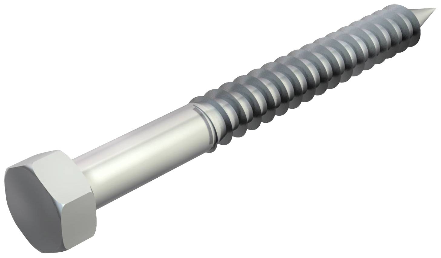 Metallschraube mit sechseckigem Kopf und spitzem Ende, vor weißem Hintergrund. Sie hat ein teilweise glattes und geriffeltes Gewinde.