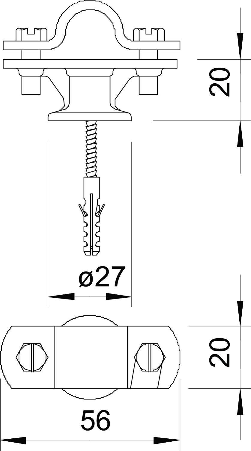 'Technische Zeichnung einer Montageklammer mit Maßen: 56 mm Breite, 20 mm Höhe, Schraubendurchmesser 27 mm.'