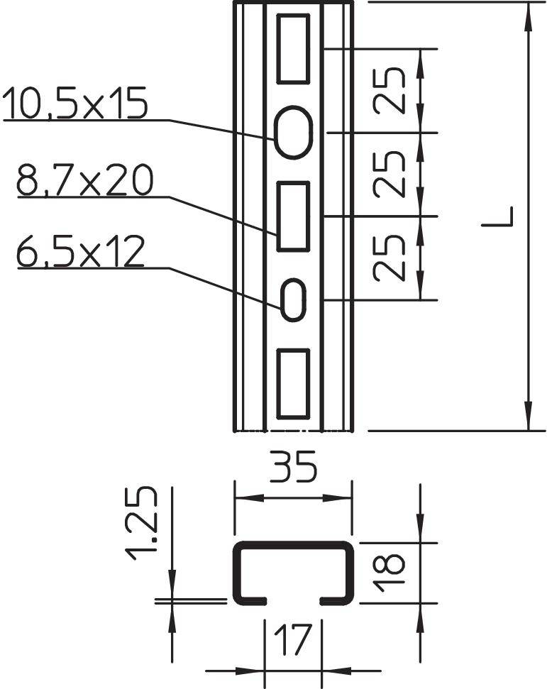 Technische Zeichnung eines rechteckigen Metallprofils mit vier rechteckigen und drei runden Bohrungen. Maße: 35 mm Breite, 18 mm Höhe. Lochmaße: 10,5x15 mm, 8,7x20 mm, 6,5x12 mm.