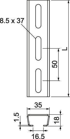 Abbildung einer Metallschiene mit ovalen Löchern. Maße: 8,5 x 37 mm pro Loch, Lochabstand 50 mm. Profilansicht zeigt 35 mm Breite, 18 mm Höhe.