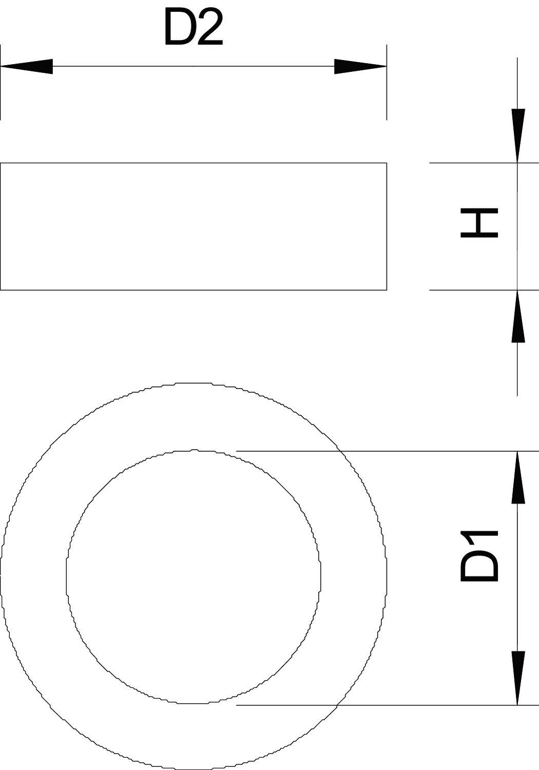 Technische Zeichnung eines Rings mit äußeren Durchmesser 'D1', inneren Durchmesser 'D2' und Höhe 'H'. Zeigt Draufsicht und Seitenansicht.