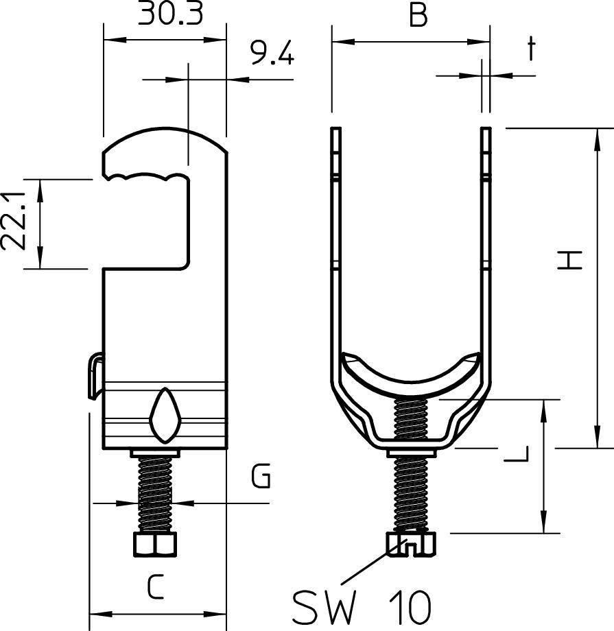 Technische Zeichnung eines U-förmigen Metallhalters mit Maßen. Enthält Angaben zu Breite, Höhe und Schraubenplatzierung.