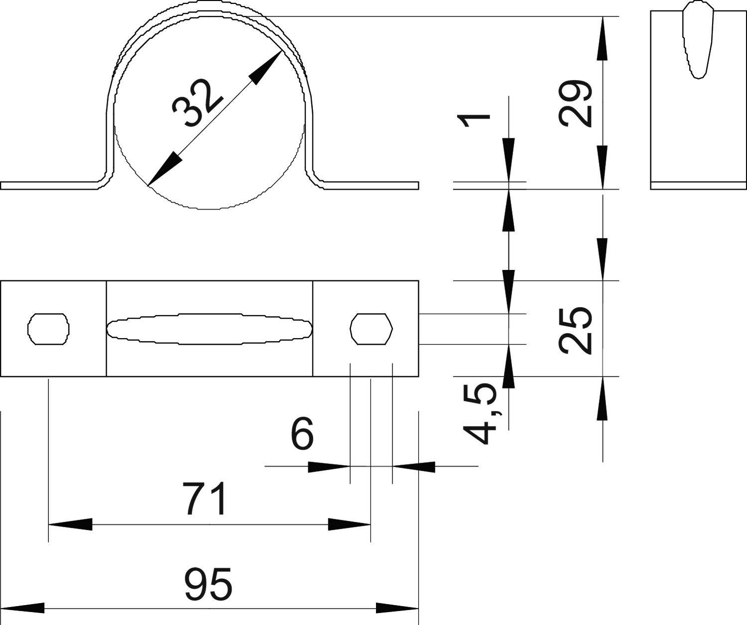 Technische Zeichnung einer Metallklemme mit Maßen: Breite 95 mm, Höhe 32 mm, Befestigungsabstand 71 mm. Zeigt eine Seiten- und Vorderansicht.