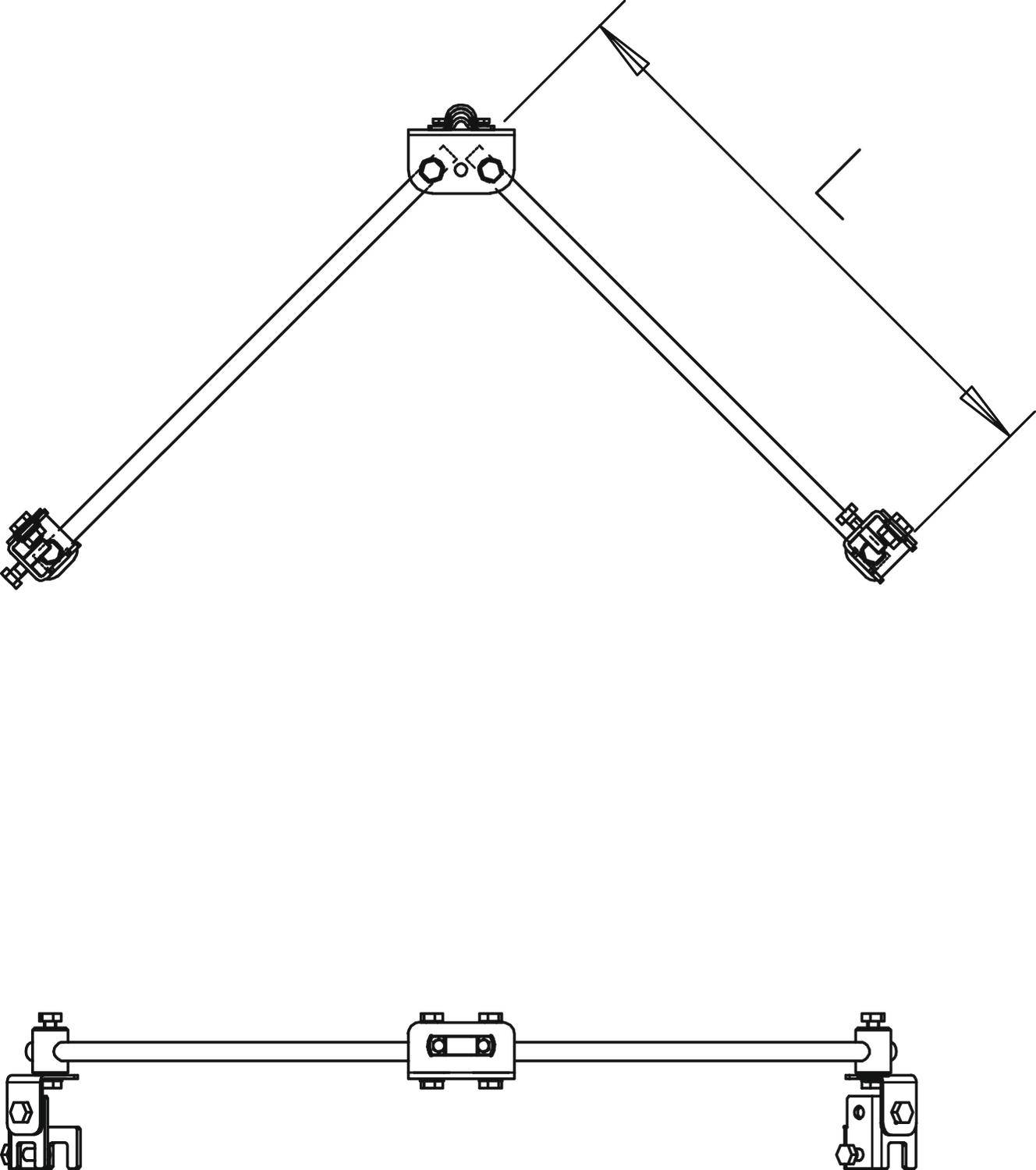 Technische Zeichnung eines mechanischen Hebelarms mit zwei Gelenkpunkten und Längenangaben, zeigt die obere und seitliche Ansicht.