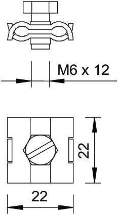 Technische Zeichnung eines Schraubklemmhalters mit Markierungen. Hauptansicht oben, Seitenansicht unten. Maße: M6 x 12, 22 x 22 mm.