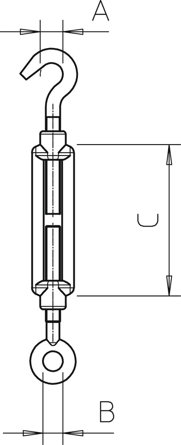 Technische Zeichnung eines Spannschlosses mit Haken oben und Auge unten. Markierungen und Maße A und B sowie Länge U sind angegeben.