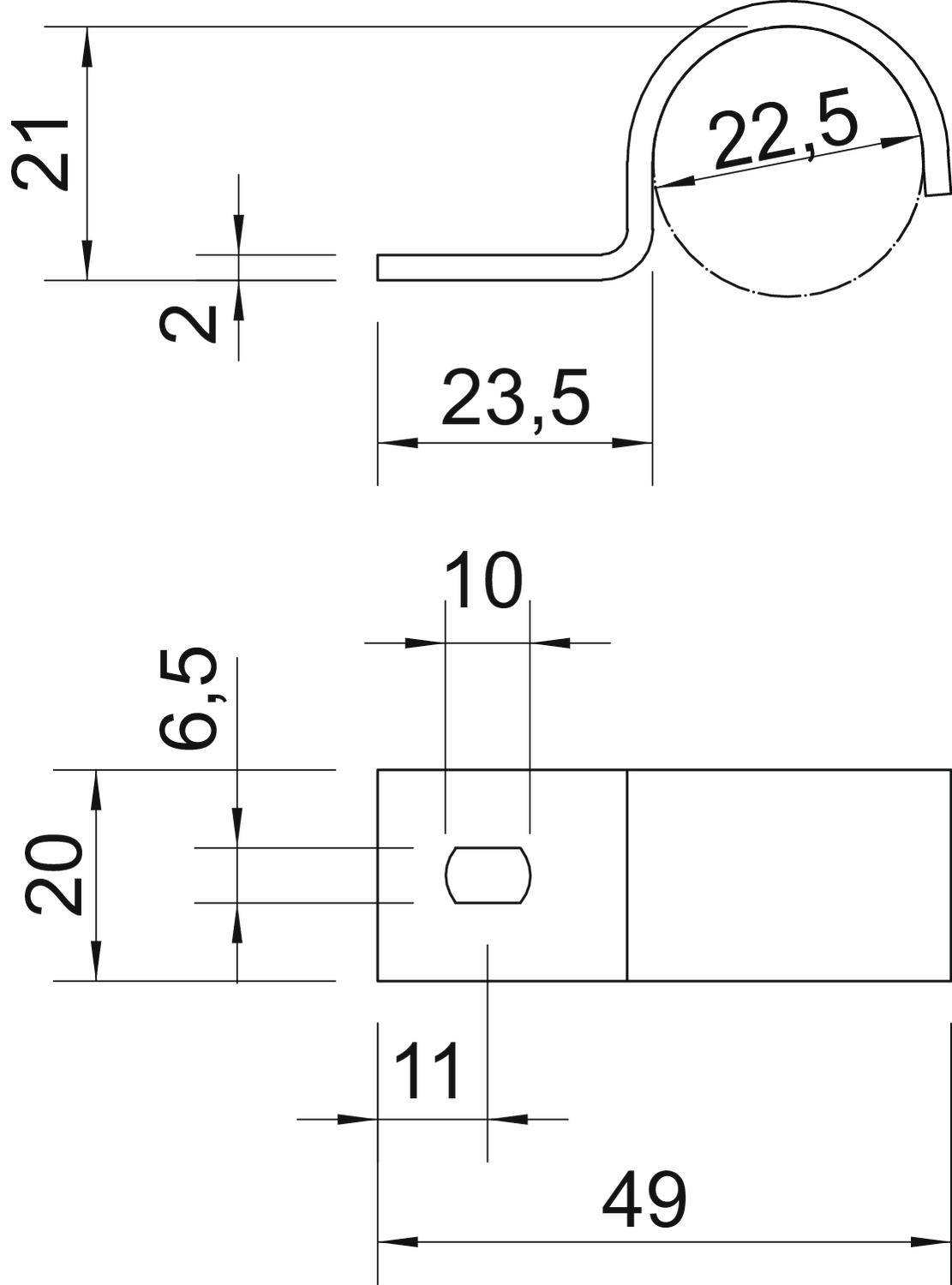 Technische Zeichnung eines Rohres mit Maßen: Durchmesser 22,5 mm, Länge 49 mm, verschiedene Ansichten mit Detailangaben.