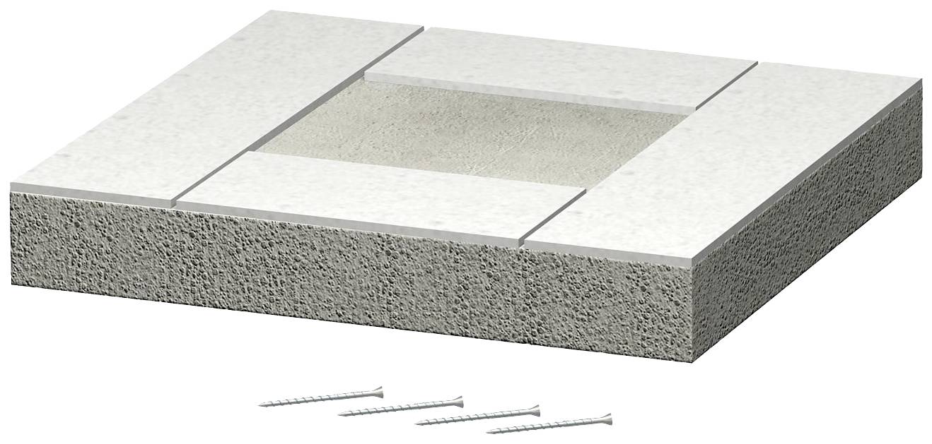 Eine graue Betonplatte mit ausgespartem Quadrat in der Mitte, umgeben von vier Randstücken. Vier Schrauben liegen daneben.