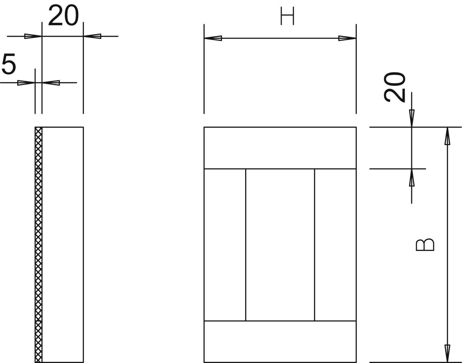 Technische Zeichnung eines Bauteils mit Maßangaben: Breite 20, Höhe 20, Tiefe 5 Einheiten. Wichtige Maße und Querschnittsansicht.