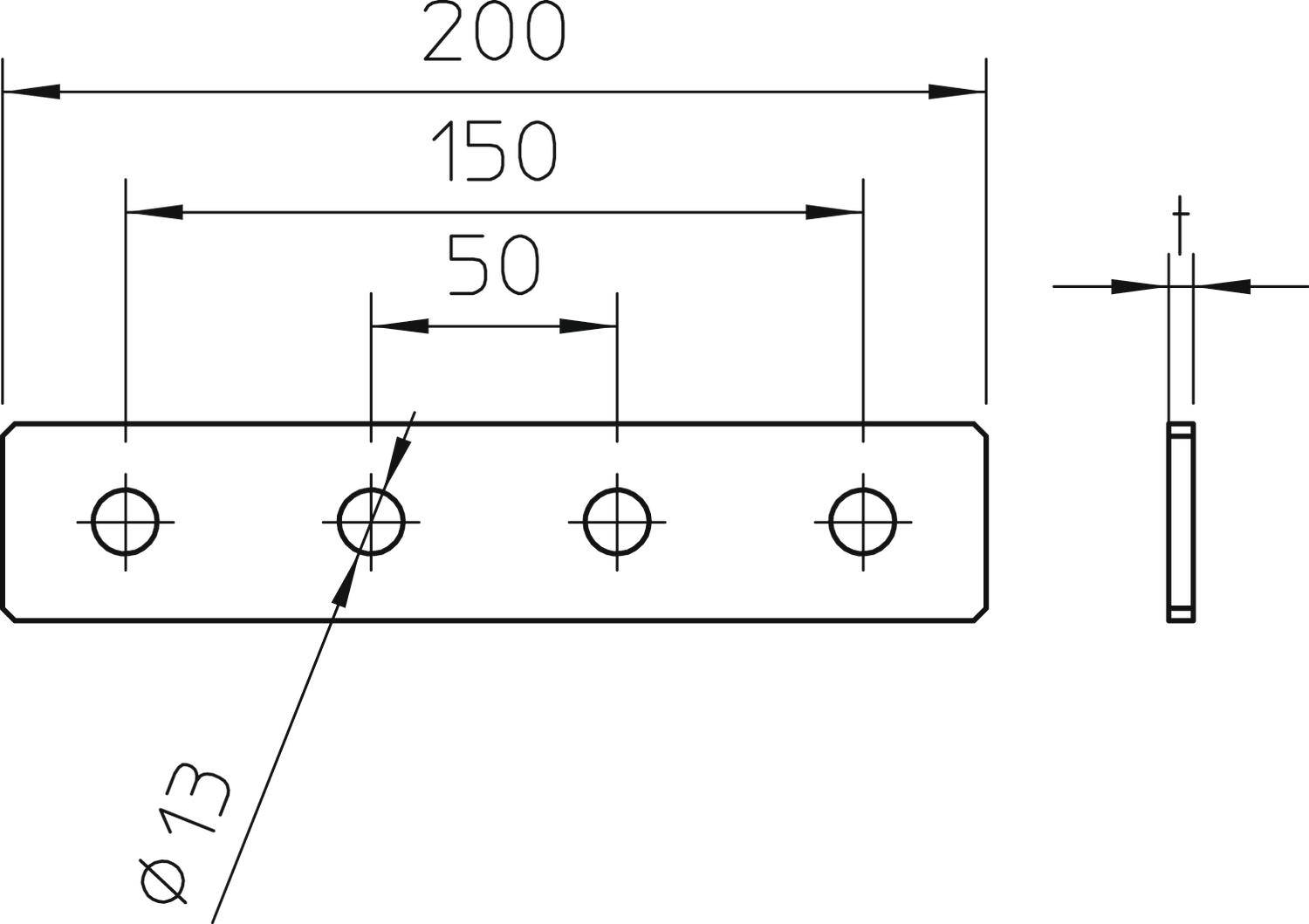 Technische Zeichnung einer Metallplatte mit vier gleichmäßig angeordneten Bohrungen (Ø13 mm). Gesamtlänge 200 mm, Lochabstände 50 mm und 150 mm. Seitenansicht zeigt Plattendicke.