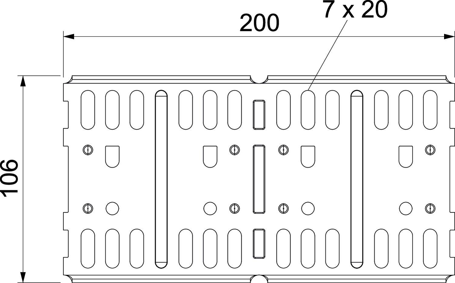 Technische Zeichnung eines rechteckigen Metallteils mit den Maßen 200 x 106 mm und Löchern in der Größe 7 x 20 mm.