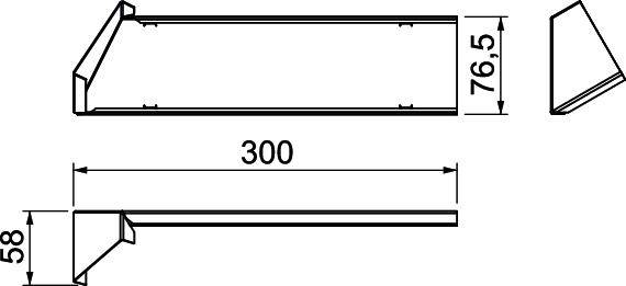 Technische Zeichnung eines Metallwinkels mit Maßen: Länge 300 mm, Breite 76,5 mm, Höhe 58 mm. Zeigt Seiten- und Draufsicht.