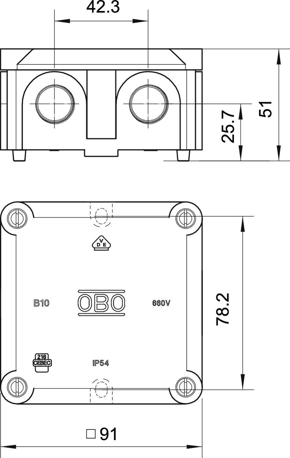Technische Zeichnung eines elektrischen Verteilerkastens, Maße in Millimetern angegeben, zeigt Vorder- und Seitenansicht mit Markenlogo und Schutzart IP54.