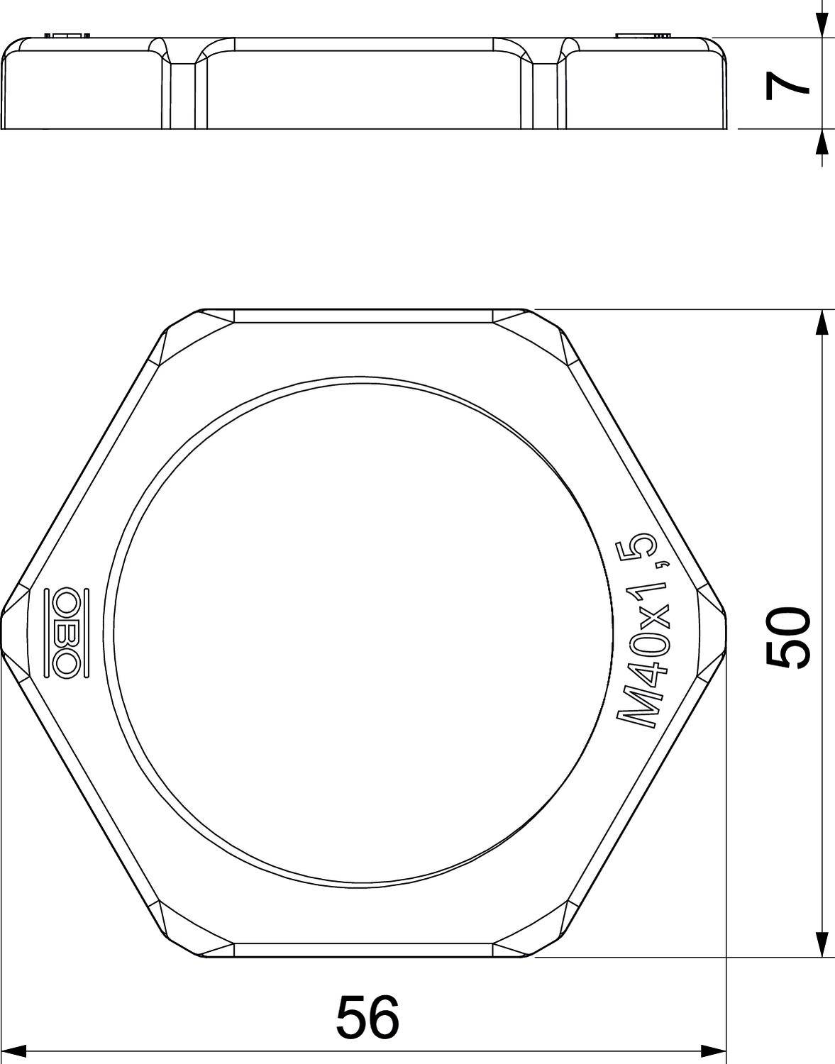 Technische Zeichnung einer sechseckigen Mutter, dargestellt von oben und seitlich. Maße: 56 mm breit, 50 mm hoch, 7 mm tief.