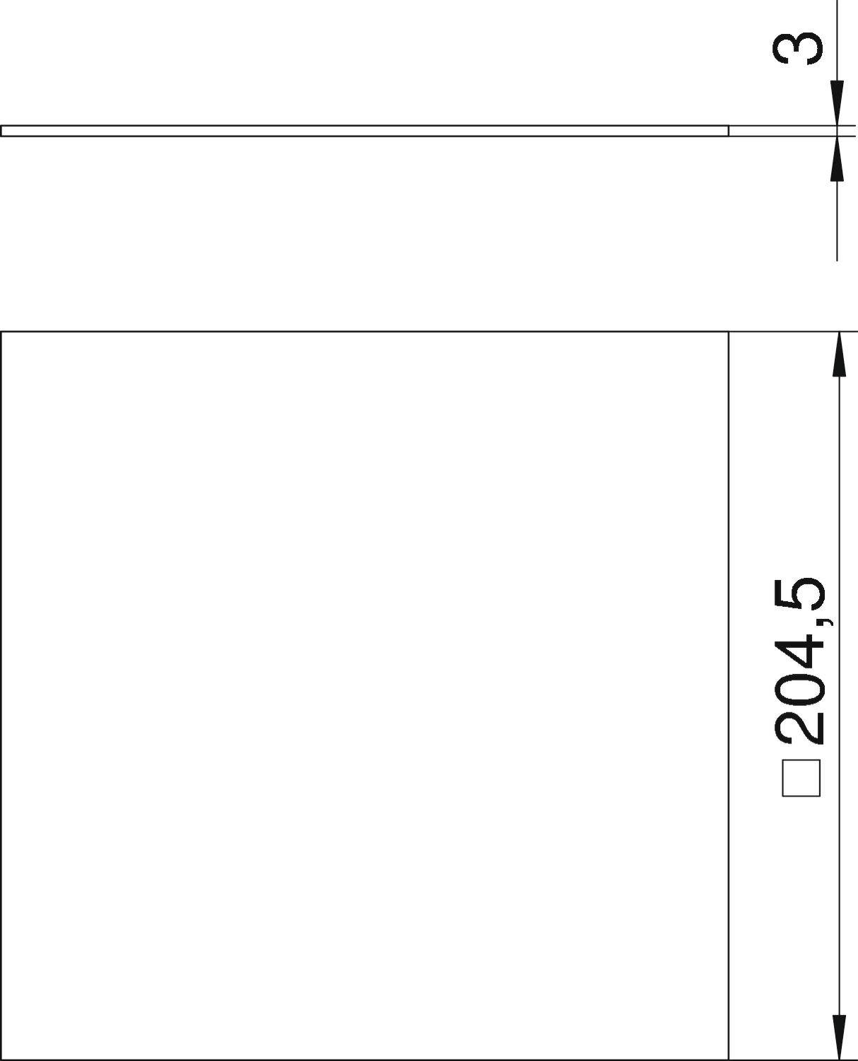 Technische Zeichnung eines quadratischen Objekts mit den Maßen 204,5 Einheiten an der längeren Seite und 3 Einheiten an einer kürzeren Kante.