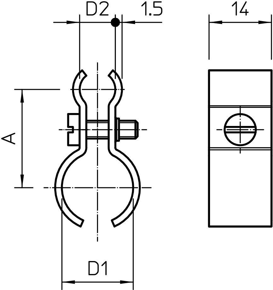 Technische Zeichnung einer Rohrschelle mit Maßen: Durchmesser D1 und D2, Höhe A. Ansicht von vorne und oben mit Schraubenposition.