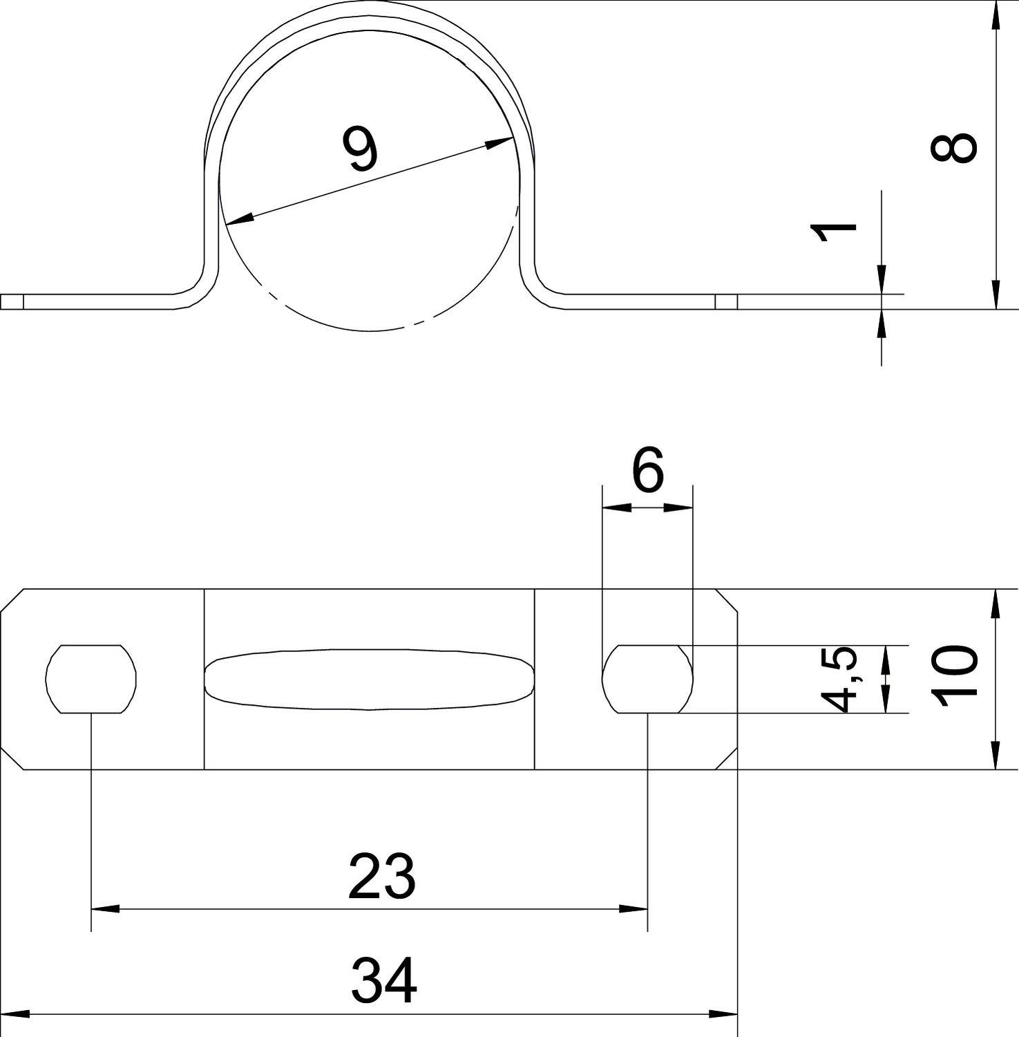 Technische Zeichnung eines Halters mit Maßen: Durchmesser 9, Höhe 8, Breite 34, Schraubenlöcher bei 23 Abstand, Öffnung bei 4,5 Höhe.