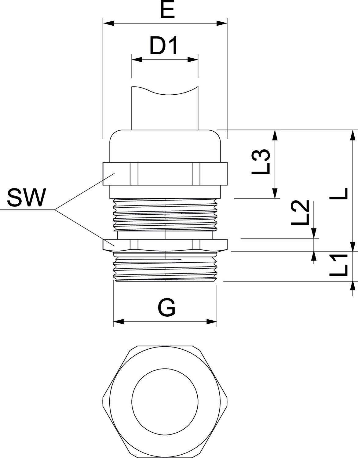 Technische Zeichnung eines Sechskantschraubensteckverbinders mit Bemaßungslinien für D1, E, SW, L, L1, L2, L3 und Gewinde G.