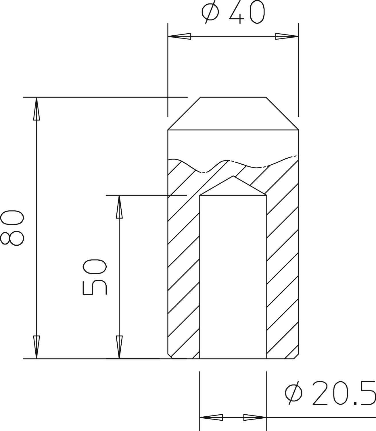 Technische Zeichnung eines zylindrischen Bauteils. Durchmesser 40 mm, Innenbohrung 20,5 mm. Gesamthöhe 80 mm, mit abgeschrägter Oberseite.