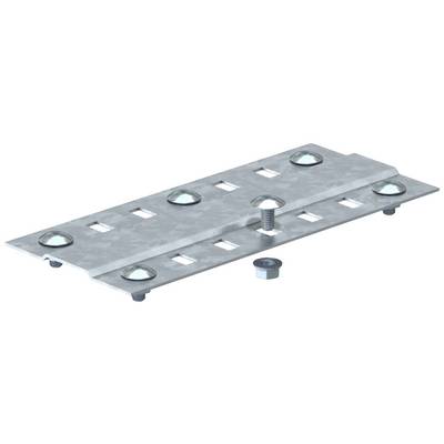 Metallplatte mit mehreren quadratischen Aussparungen, befestigt durch sechs Schrauben auf einer Fläche; eine lose Schraube und Mutter daneben.