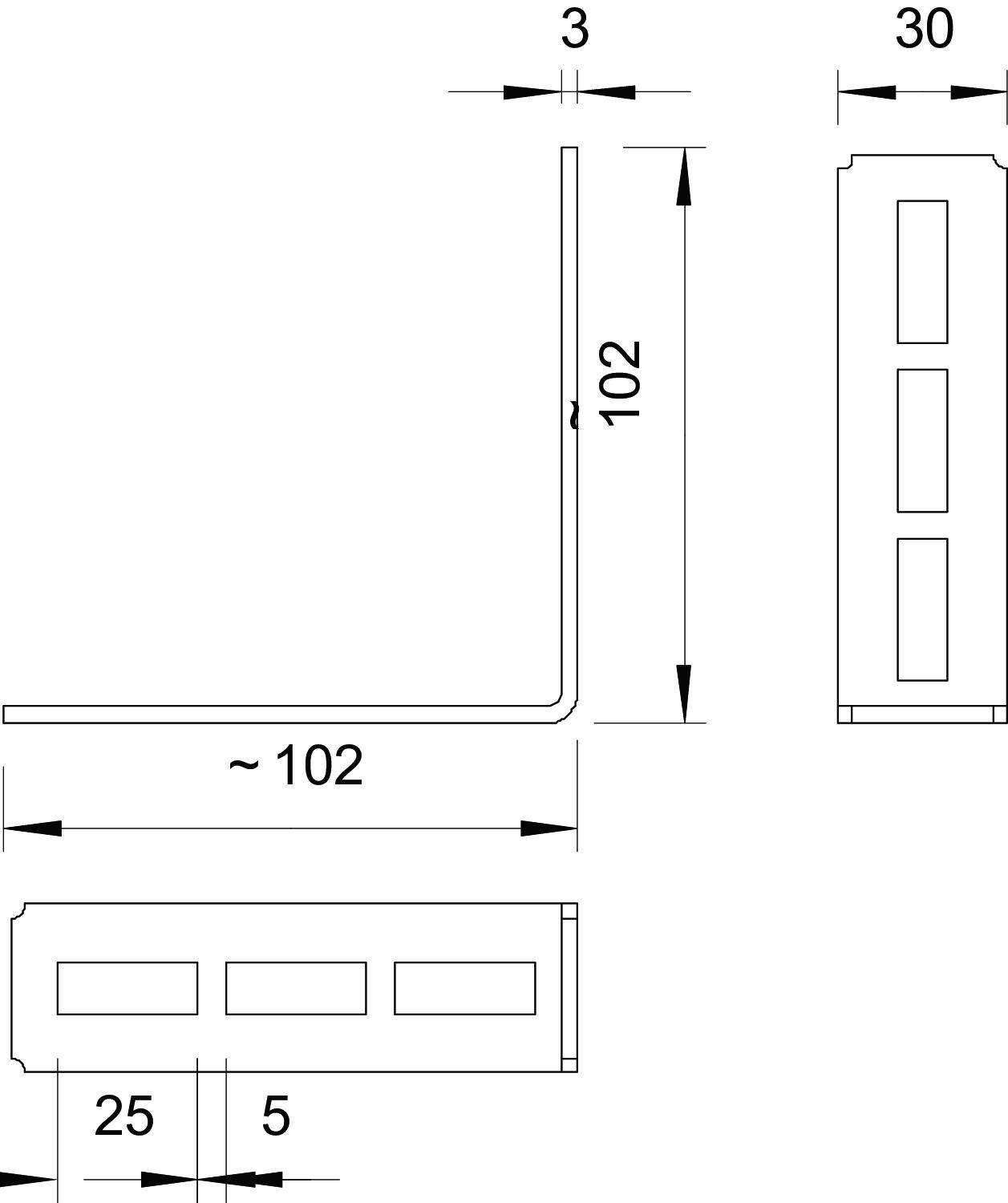 Technische Zeichnung eines Metallprofils in L-Form mit den Maßen 102 x 102 mm, 3 mm dick. Zeigt Ansichten von vorne, oben und der Seite.