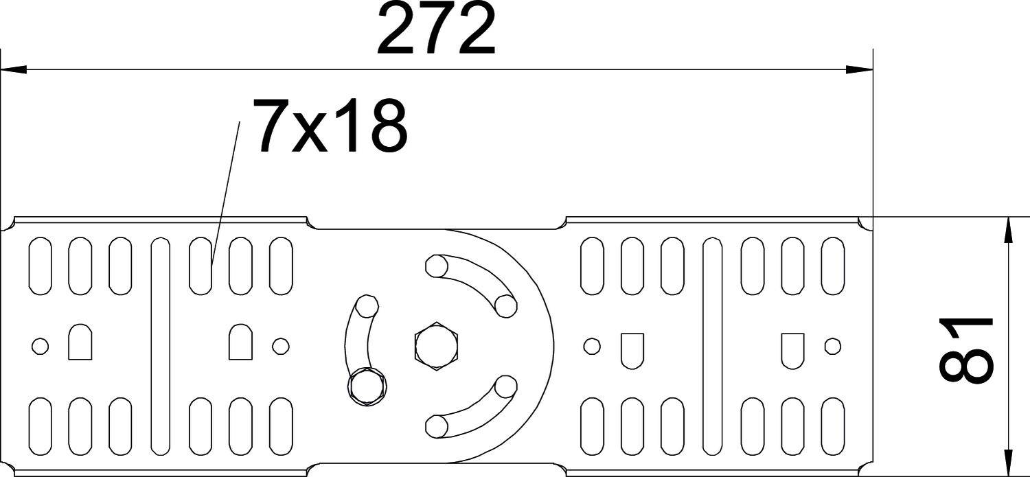 Technische Zeichnung einer Metallplatte mit Maßen: Breite 272 mm, Höhe 81 mm. Enthält mehrere Löcher, darunter sieben Löcher mit 18 mm Durchmesser.