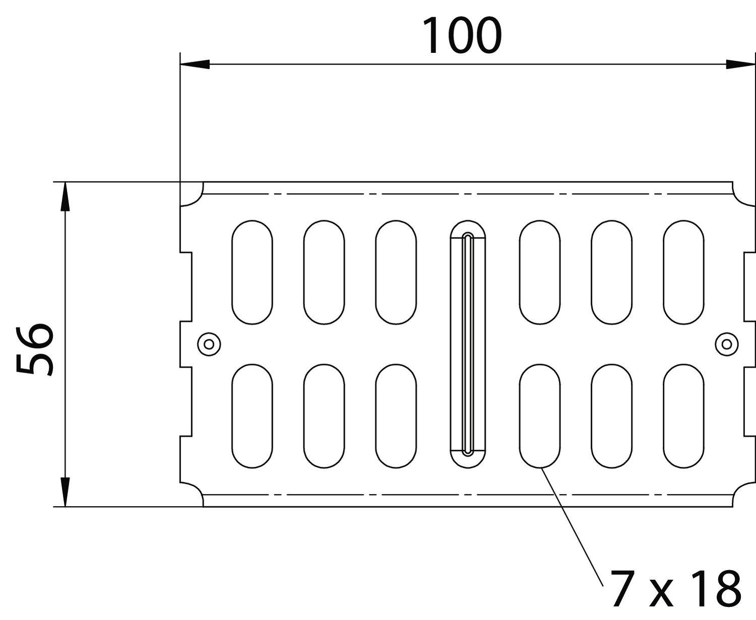 Bohrschablone in rechteckiger Form, 100 mm Länge, 56 mm Breite, Langlöcher von 7 x 18 mm zentral platziert.