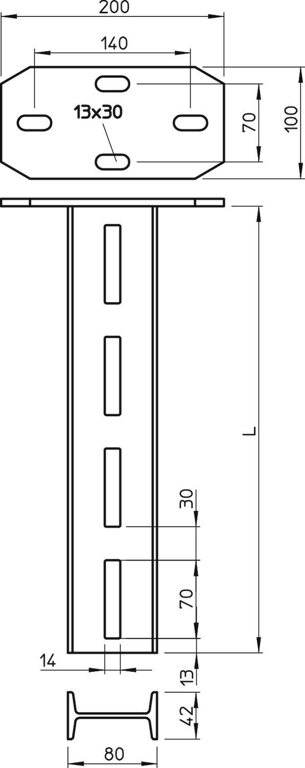 Technische Zeichnung eines Metallprofils mit Detailmaßen: Gesamtbreite 80 mm, Gesamthöhe 100 mm, Bohrungsmuster oben 13x30 mm, Lochabstand 30 mm.