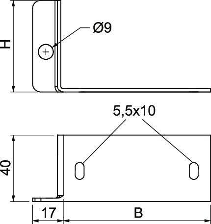 Technische Zeichnung eines Metallwinkels: zeigt Maße H, B, 40 mm Höhe, 17 mm Vorsprung, Bohrungen Ø9 und 5,5x10 mm.