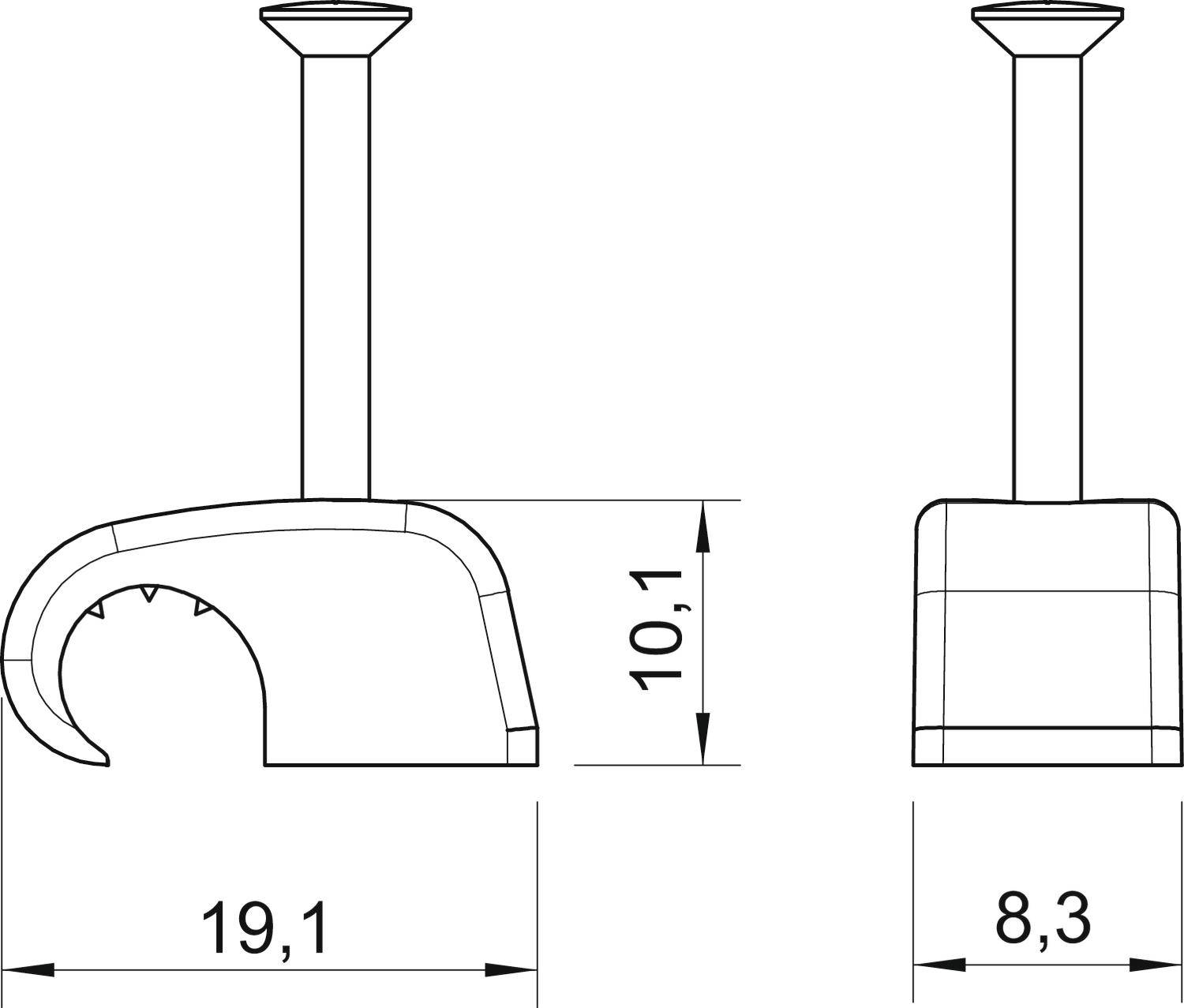 Technische Zeichnung zweier Haken mit Maßen. Links: gebogener Haken, Länge 19,1 cm. Rechts: gerader Haken, Breite 8,3 cm. Beide 10,1 cm hoch.