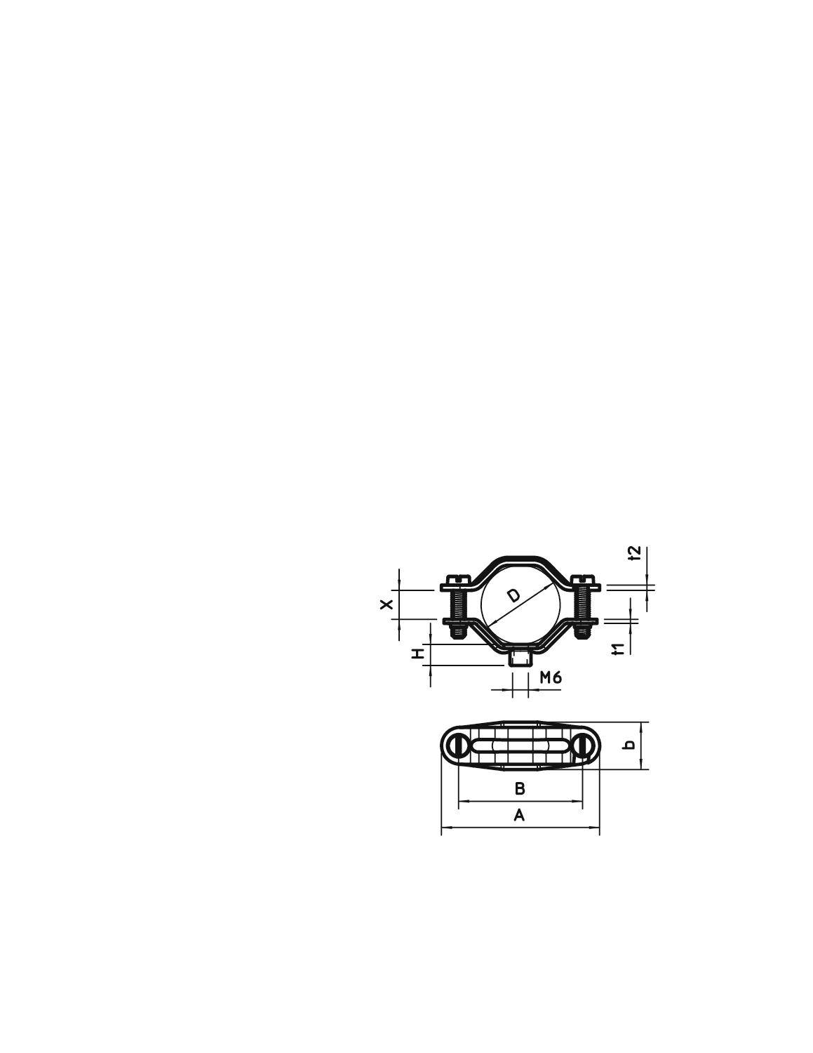 Technische Zeichnung einer Klemme mit Maßen. Oben: runde Klemme mit Schrauben. Unten: Seitenansicht. Maße: M6, D, x, t1, t2, A, B.