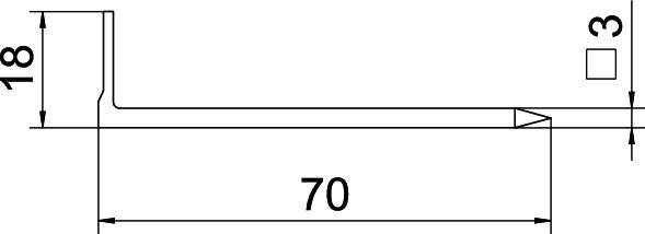 Technische Zeichnung eines Bauteils: Länge 70 mm, Höhe 18 mm, Dicke 3 mm. Die Abmessungen sind beschriftet.