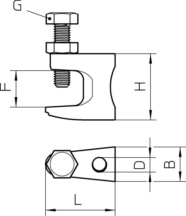 Technische Zeichnung einer Schraubklemme mit Maßen: F, H, L, B, D, G. Seitenansicht und Draufsicht gezeigt.