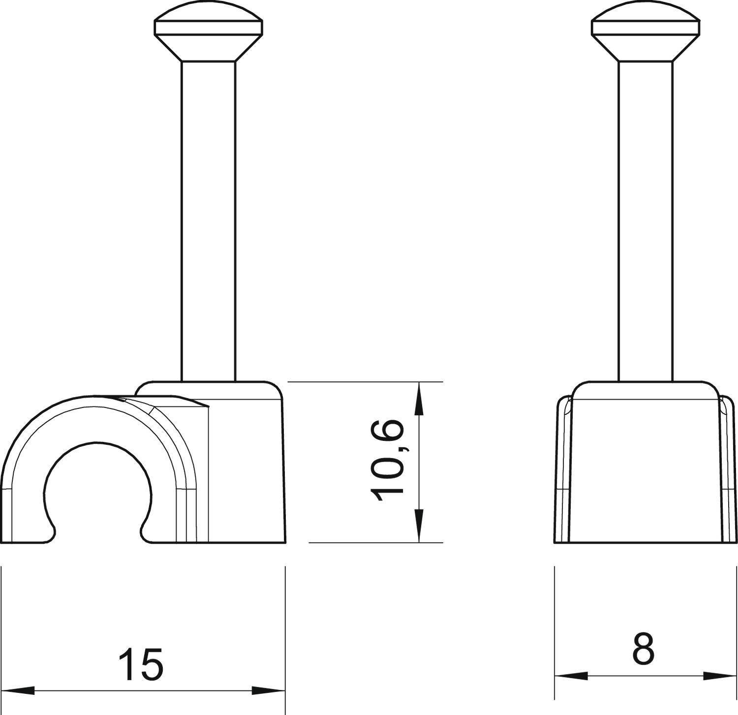 Technische Zeichnung einer Kabelklemme mit Maßen: Breite 15 mm, Höhe 10,6 mm, Basisteil 8 mm. Ansicht von vorne und der Seite.