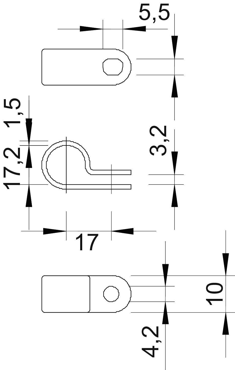Technische Zeichnung dreier Metallclips mit verschiedenen Maßen. Links: Clip 1 und Clip 3 mit je 17,2 mm Länge; Mitte: gebogener Clip mit 17 mm Breite.