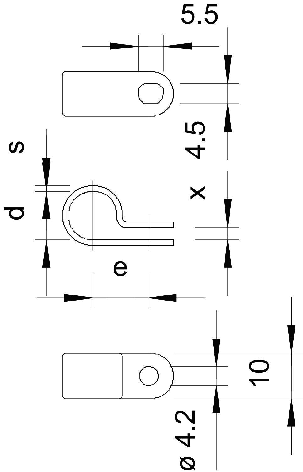 Technische Zeichnung eines Metallklemms mit den Maßen: Länge 10 mm, Breite 5.5 mm, Lochdurchmesser 4.2 mm, Höhe 4.5 mm, Dicke s, Durchmesser d, Krümmungsradius e.