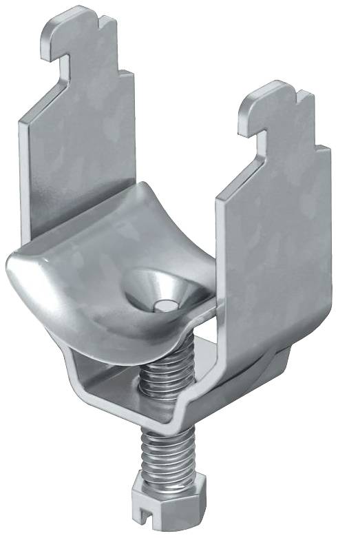 Ein Metallklammer mit einer Schraube in der Mitte. Die Klammer hat zwei Seiten, die sich nach oben biegen, um ein Objekt zu halten.