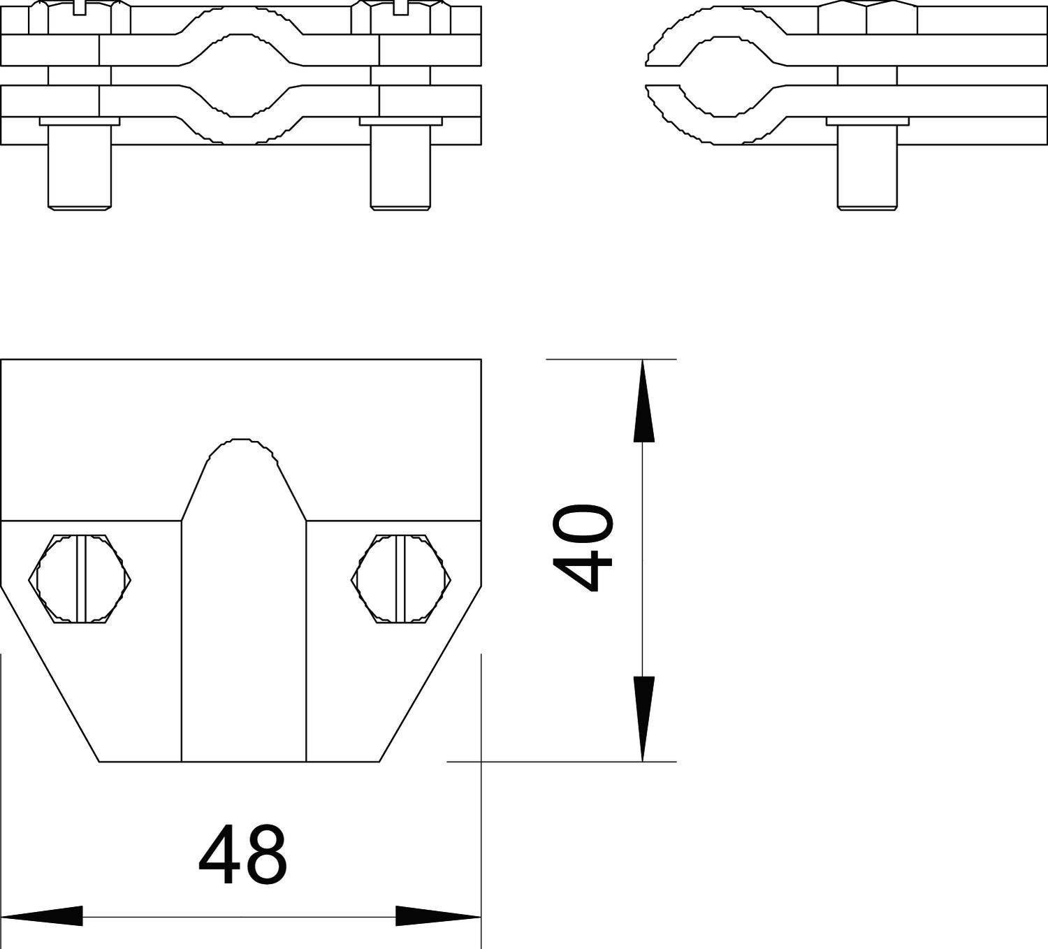 Technische Zeichnung einer Halterung mit Bemaßungen: 48 mm Breite, 40 mm Höhe. Seiten- und Vorderansicht mit Detailschraubenpositionen.