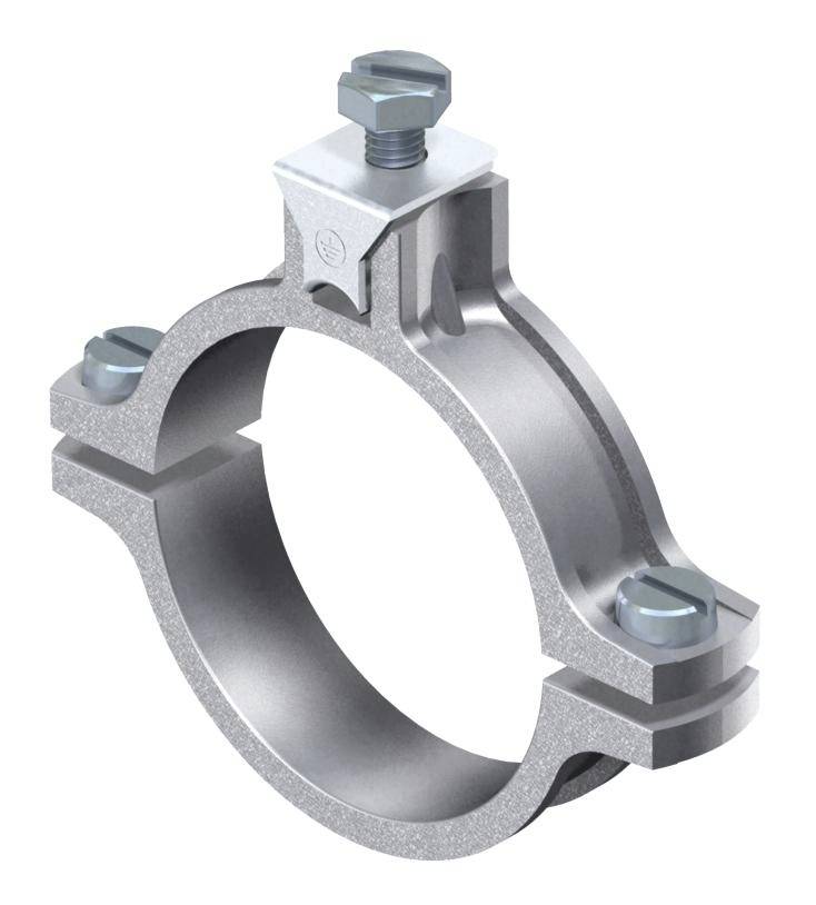 Eine silberne Rohrschelle aus Metall mit drei Schrauben zur Befestigung.