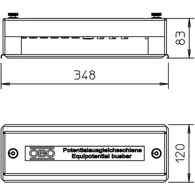 Eine technische Zeichnung zeigt eine Potentialausgleichsschiene mit den Maßen 348 mm Länge, 120 mm Breite und 83 mm Höhe.