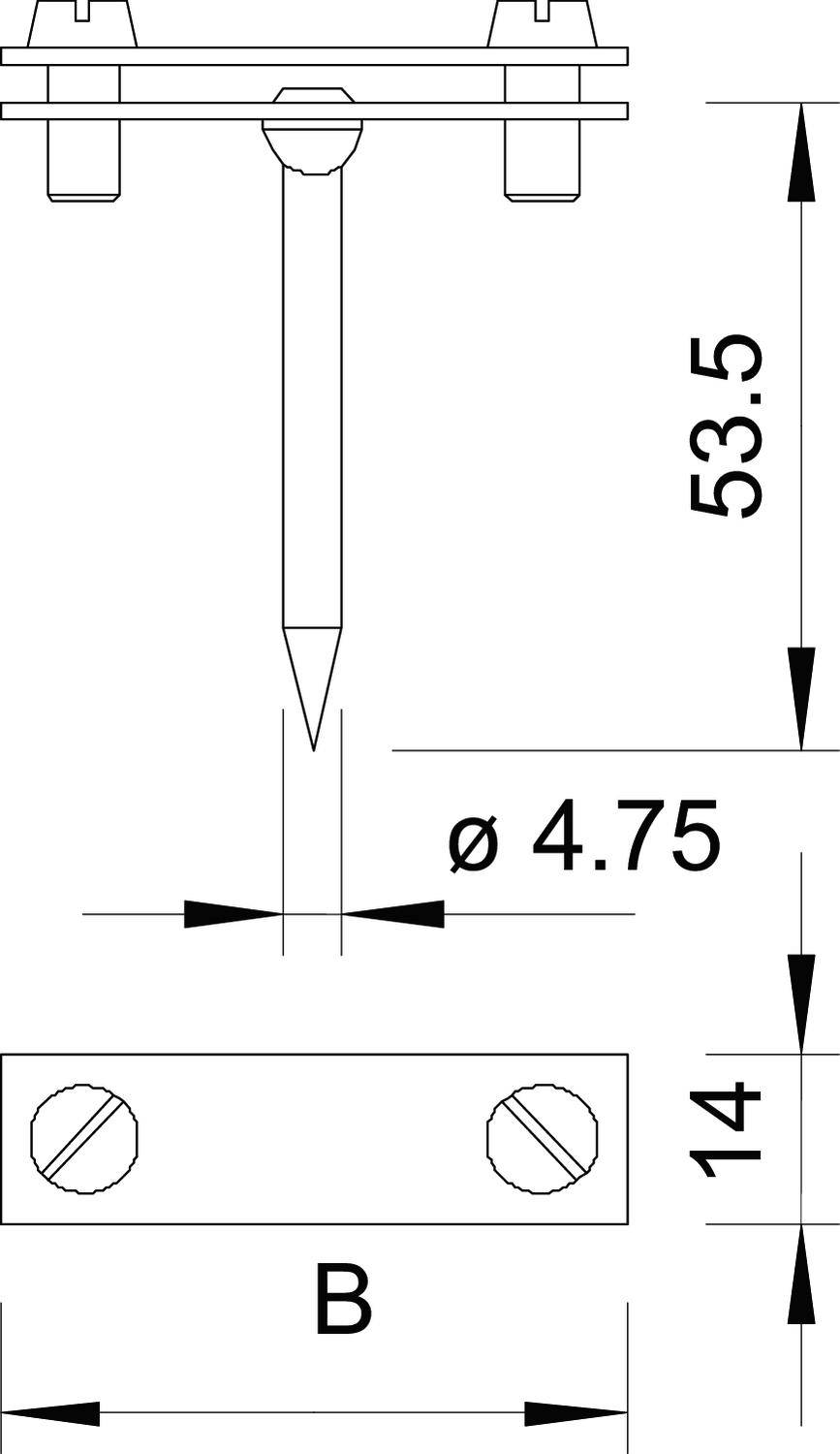 Technische Zeichnung eines Befestigungssystems mit Maßangaben: Gesamthöhe 53,5 mm, Durchmesser 4,75 mm, Breite 14 mm.
