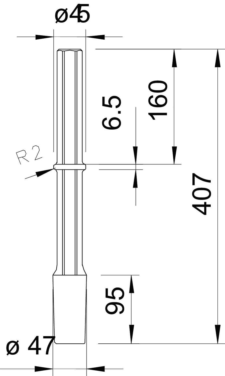 Technische Zeichnung eines Werkzeugs mit Maßen: Gesamtlänge 407 mm, Durchmesser Ø45 oben und Ø47 unten, Länge von 160 mm markiert.