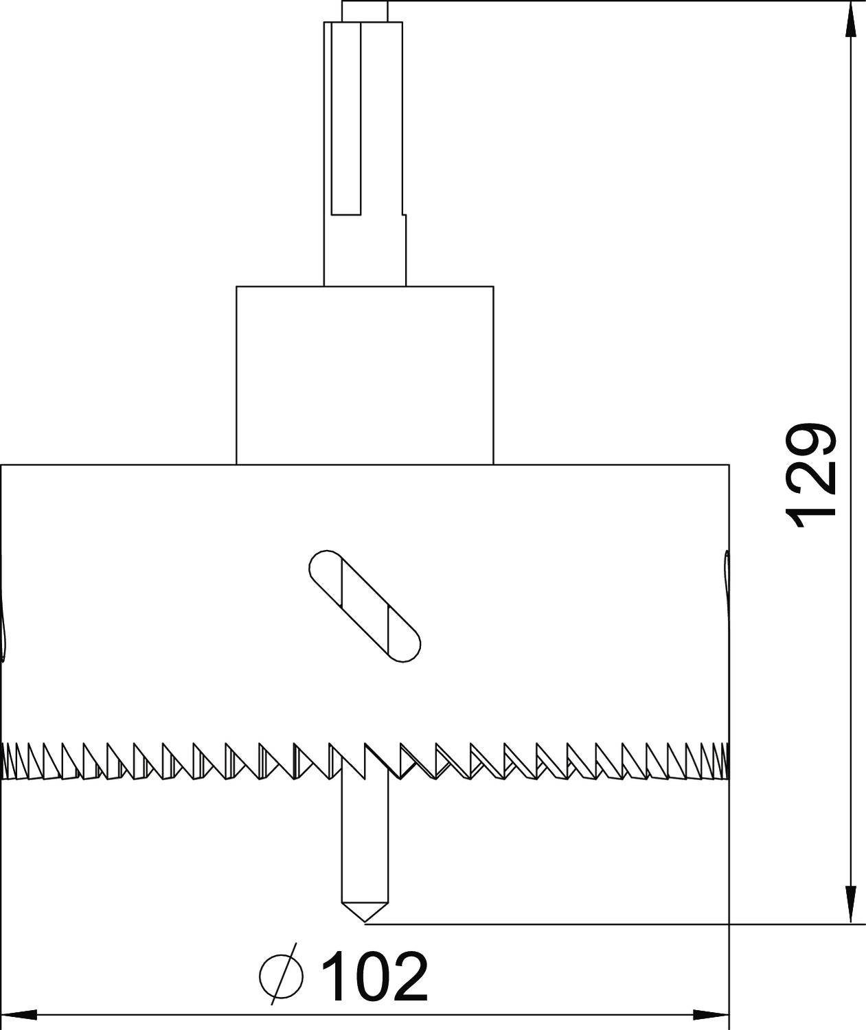 Bohrkronen-Abbildung mit Zahnung, Schneideinsatz und Spannzange. Durchmesser: 102 mm, Höhe: 129 mm. Geeignet für präzise Bohrarbeiten.