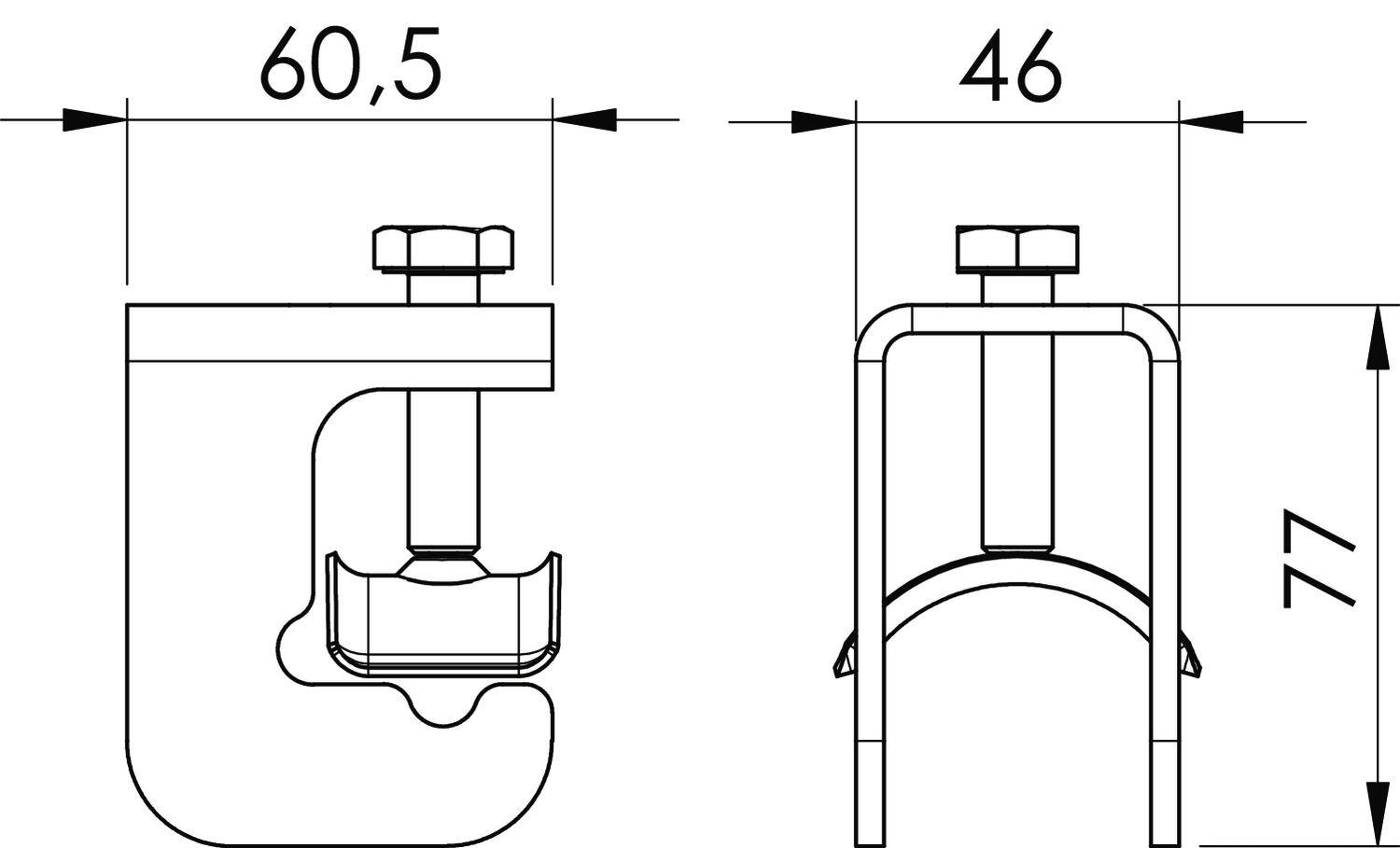 Technische Zeichnung einer Klammer mit Maßen: 60,5 mm Breite, 46 mm Tiefe, 77 mm Höhe. Innenliegende Schraube zur Befestigung.